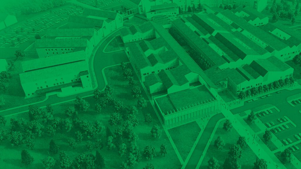 Birdseye view of hospital with green transparent overlay